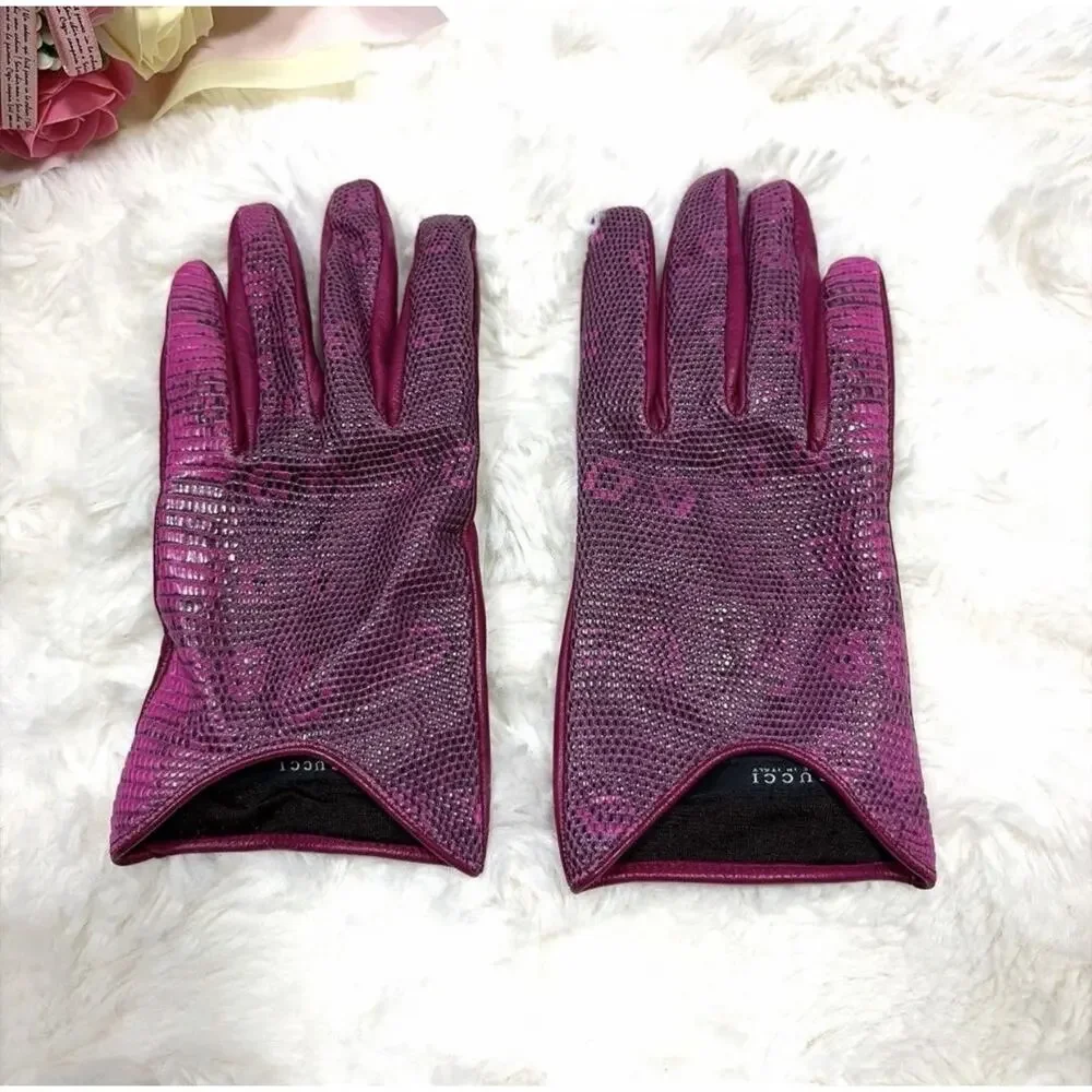 GUCCI RARE LIZARD Skin Leather Pink Gold GG Insignia Gloves Size 7.5 Authentic - Picture 2 of 9